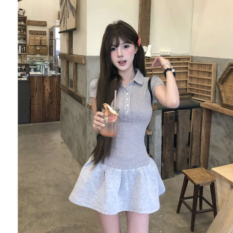 Gray Polo Collar Sleeve Women, Summer Slim Fit Waist Short For Petite Hot Girls, Slimming A-Line Dress B5