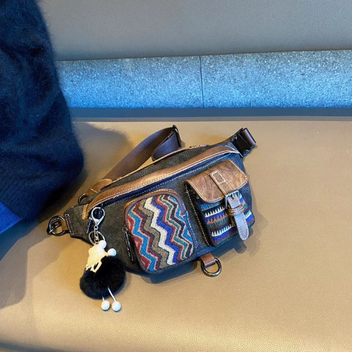 Free Shipping Designer Luxury Vintage Denim Fabric Chest Bag Women's Crossbody Waist Bag Ethnic Style Large Capacity Casual Versatile Trendy Dump