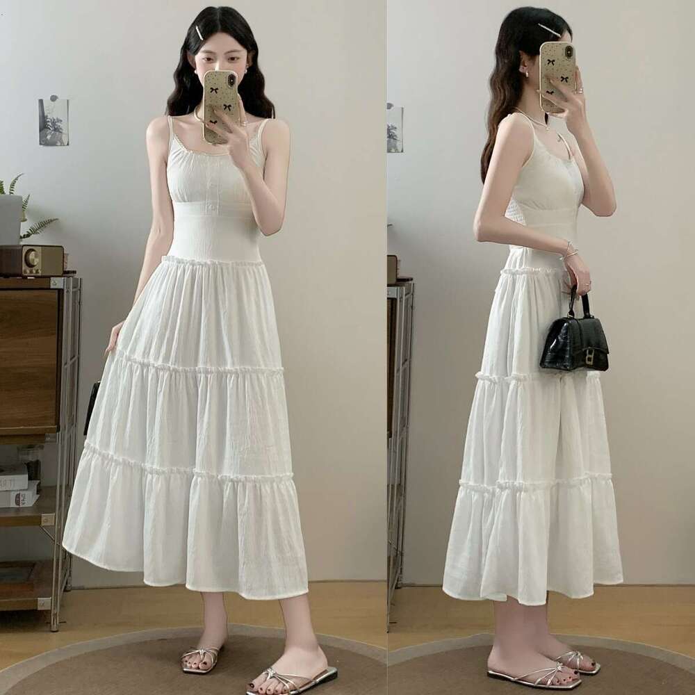 Gentle Style White Strap For Women Summer New High-End Elegant Versatile Waist-Slimming Long Dress B5
