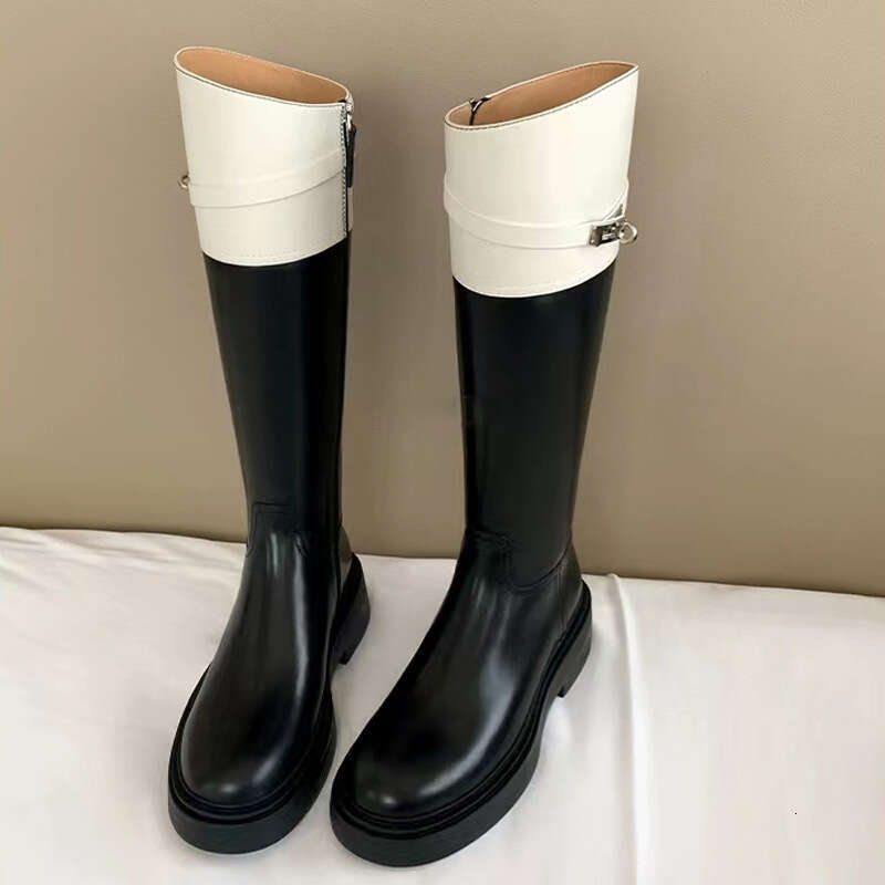 Su Yinyin~ Thick-Soled Buckle Over-the-Knee 2023 Autumn Winter New Round-Toe Color-Block High Tube Riding Boots for Women