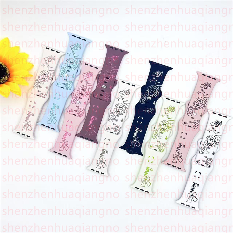 Designer Flower Engraved for Apple iwatch 10 9 8 7 5 6 SE Ultra 2 Series Band 46mm 42 mm 49mm 38mm 40mm 44mm 41mm 45mm Liquid Silicone Watch Strap Wri