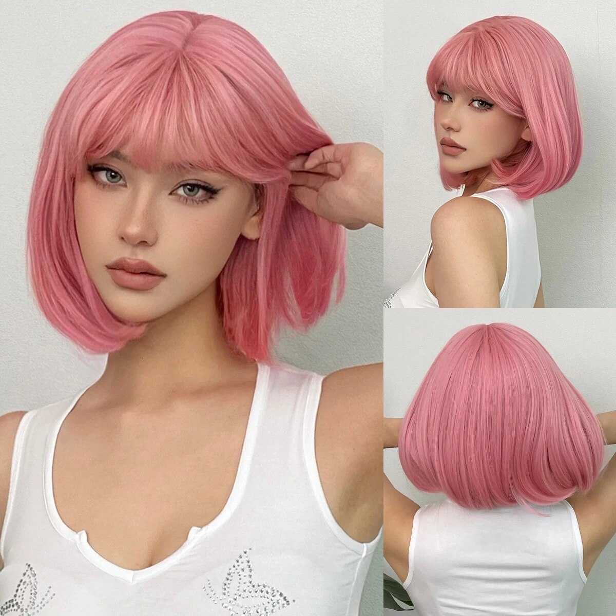 Short Straight Bob Black synthetic wig with fringe Ladies High temperature silk wig Christmas party Cosplay daily wear wig M250711
