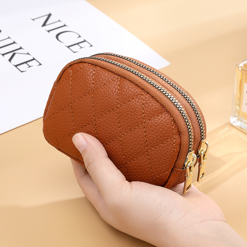 New Handheld Mini Womens Wallet Diamond Stitching Double Zipper Coin Purse PU Leather