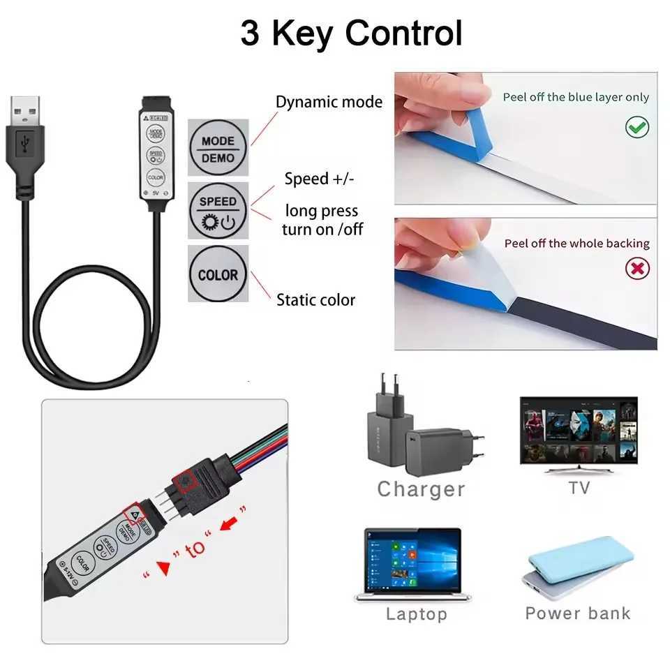 5050 RGB LED Lights for TV 3 Key Control LED Strip USB 5V Tape Lights for TV Backlight Home Party Decoration Flexible Ribbon XJ250710