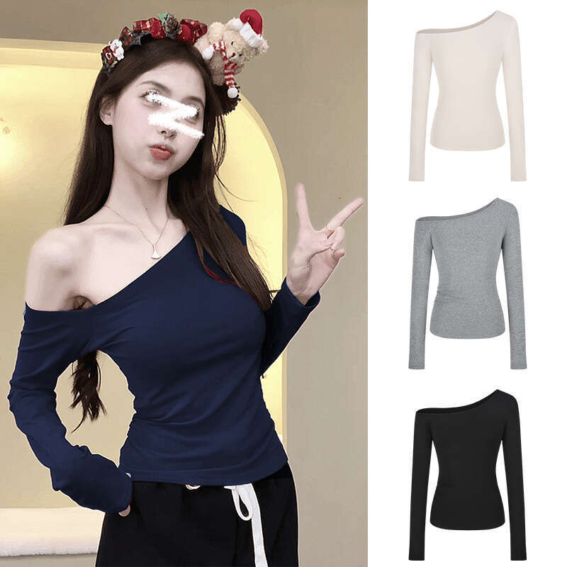 Pure Desire Hot Girl Slim Fit Off-Shoulder Long Sleeve T-Shirt Women's Early Autumn Design Versatile Base Shirt Student Top B5