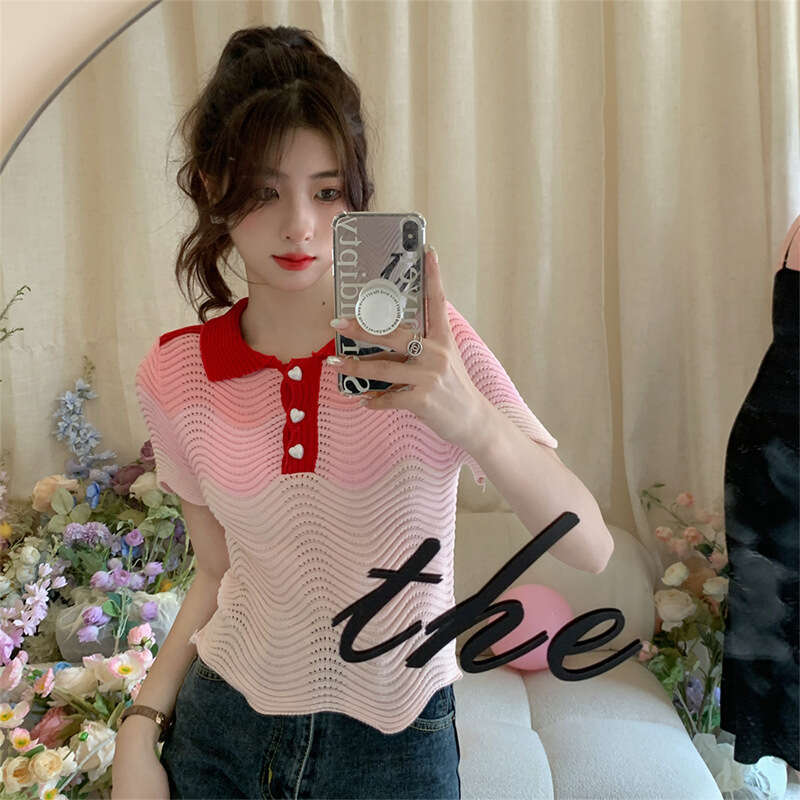 Gentle Style Polo Collar Sleeve T-Shirt For Women, French Niche Wave Pattern Short Chic Knitted Top B5