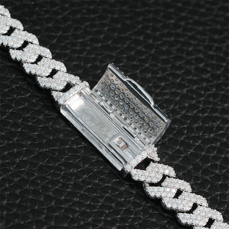 S Sier Dia-Shaped Cuban Chain Necklace 8mm Double Row Full Inlaid Moissanite Trendy Brand Accessory