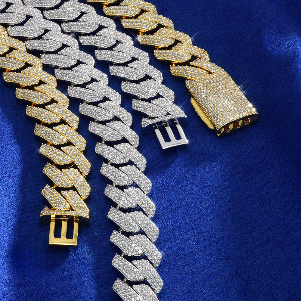 S Sier Moissanite Cuban Chain High-Quality 18mm Three-Row Dia Hip-Hop Necklace