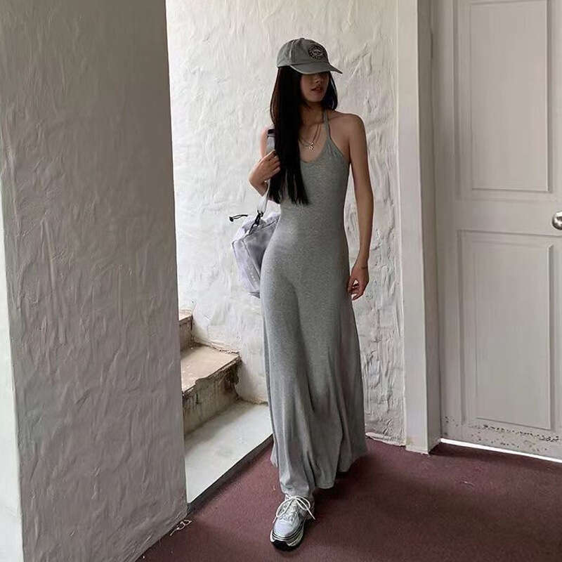 Hot Girl Gray Halter Neck Backless New Summer Waist-Cinching A-Line With Chest Pad Strap Long Dress B5