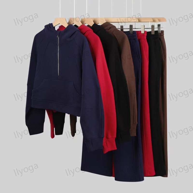 Women's Yoga Full Pull Hoodie Pants Set Half Zipper Women's Autumn/Winter Plus Velvet Thick Jacket Hoodie Sports Circle Sweater Loose Sportswear