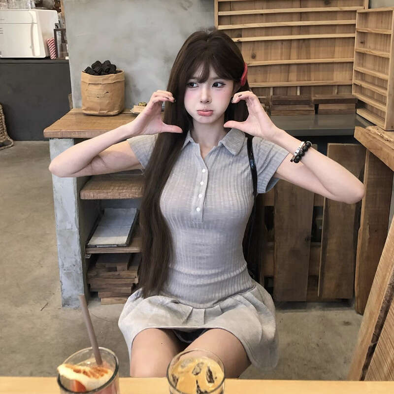 Gray Polo Collar Sleeve Women, Summer Slim Fit Waist Short For Petite Hot Girls, Slimming A-Line Dress B5