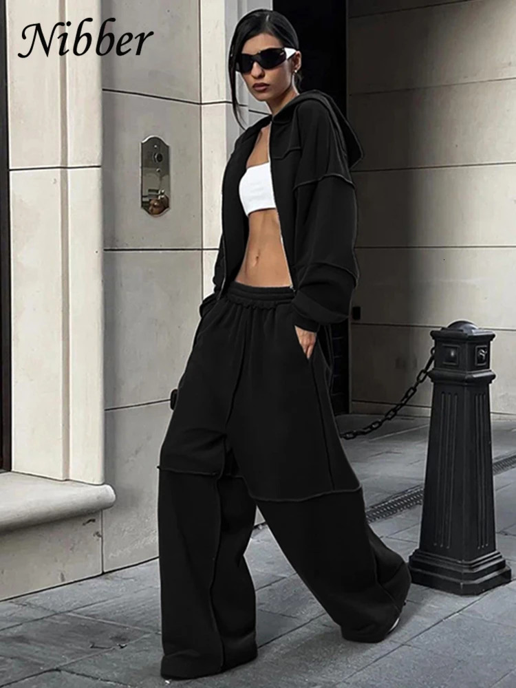 Nibber Casual Tracksuit Women 2 Piece Set Panelled Stripes Sporty Simple Hipster Hooded Zip JacketWide Pants Matching Suits 250709
