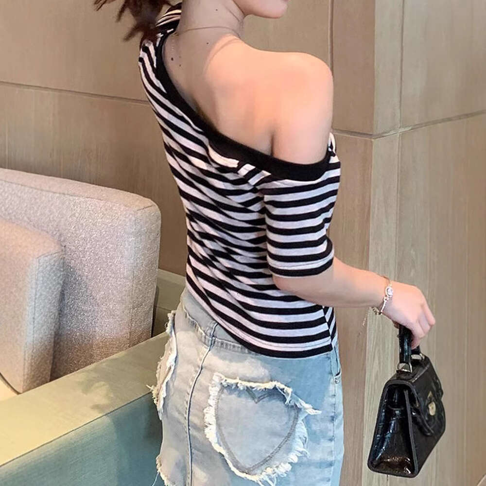 Pure Desire Style Ins Hot Girl Off-Shoulder Striped Short-Sleeve T-Shirt Summer New Slim Fit Base Fashion Top Women B5