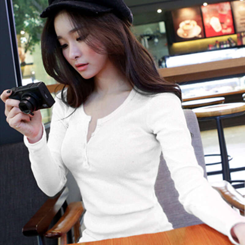 Autumn Button Thread Solid Color Long Sleeve T-Shirt Women's Slim Fit Korean New Style Top Base Shirt Outerwear Trend B5