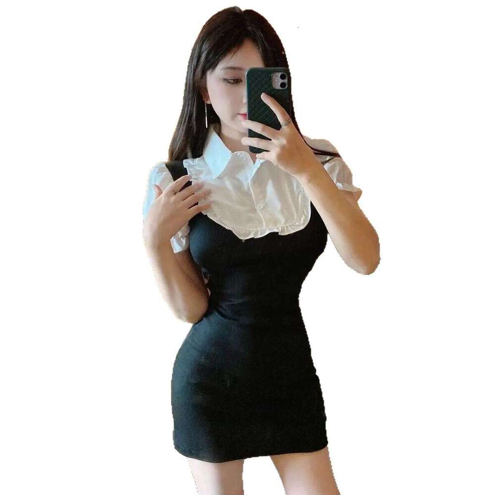 Spicy Girl College Style Fake Two-Piece Sleeve Shirt Summer New Design Waist-Cinching Slimming Bodycon Short Dress B5