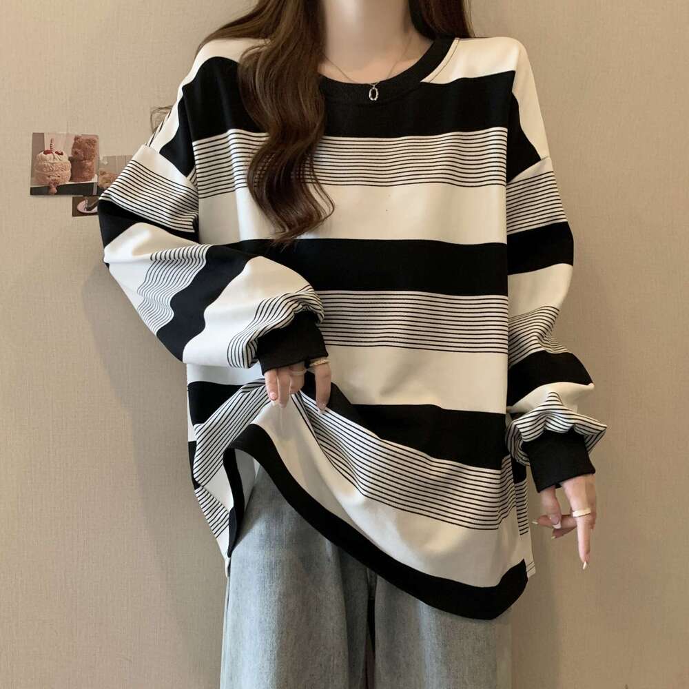 American Style Striped Thin Sweatshirt For Women New Autumn Slimming Plus Size Belly Covering Loose Student Top B5