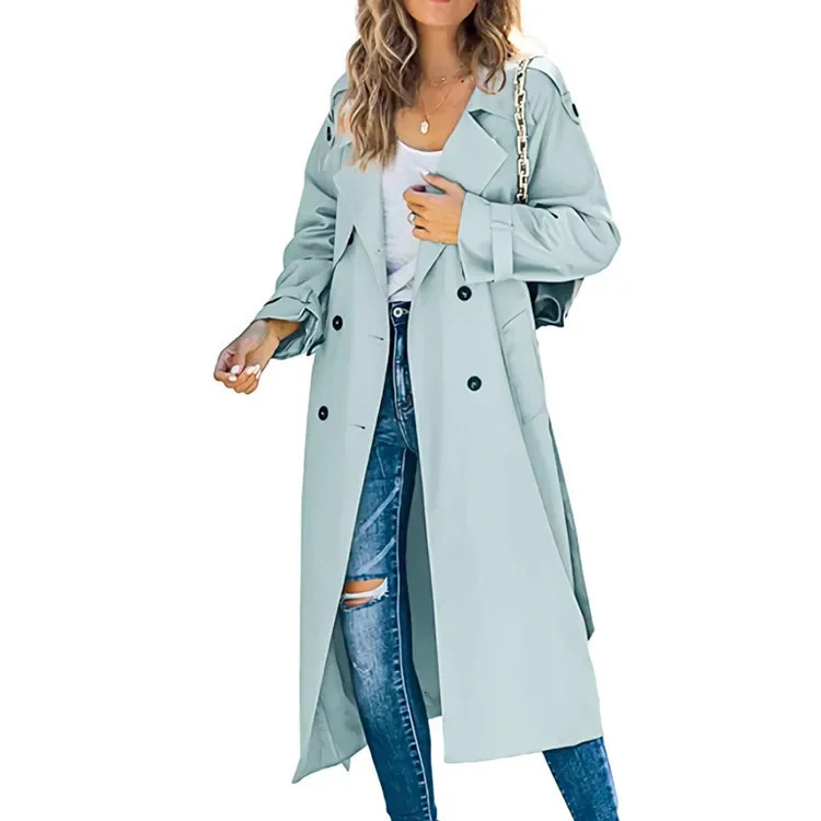 Trench Women Coats Mid Length Coat Turn Down Collar Full Sleeve Double Breasted Elegant Splice Lace Up Jackets Autumn 250709