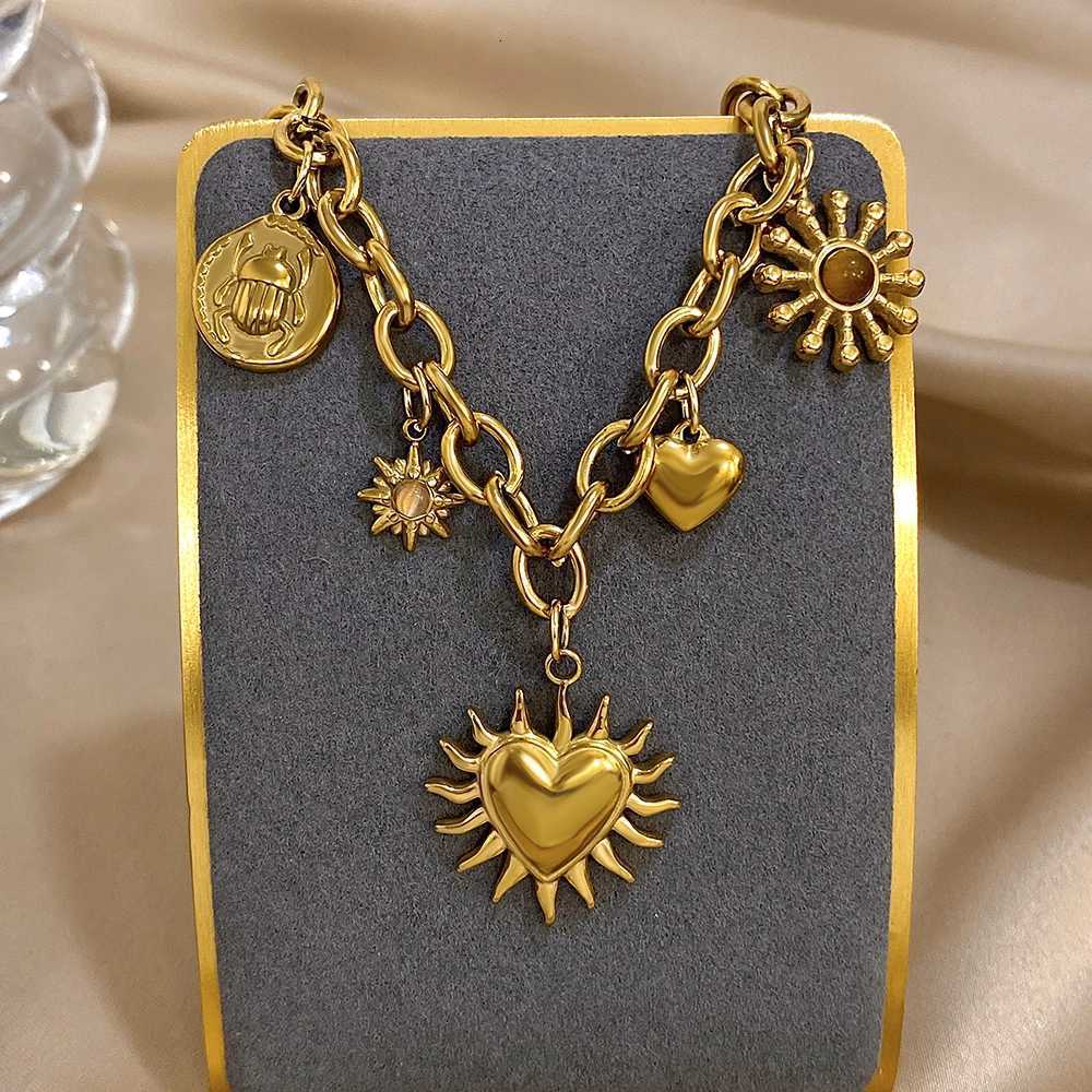 Vintage Chunky Golden Thick Chain Stainless Steel Charm Necklace Statement Chic Sun Heart Shaped Pendant Fashion Jewelry Gift W250710