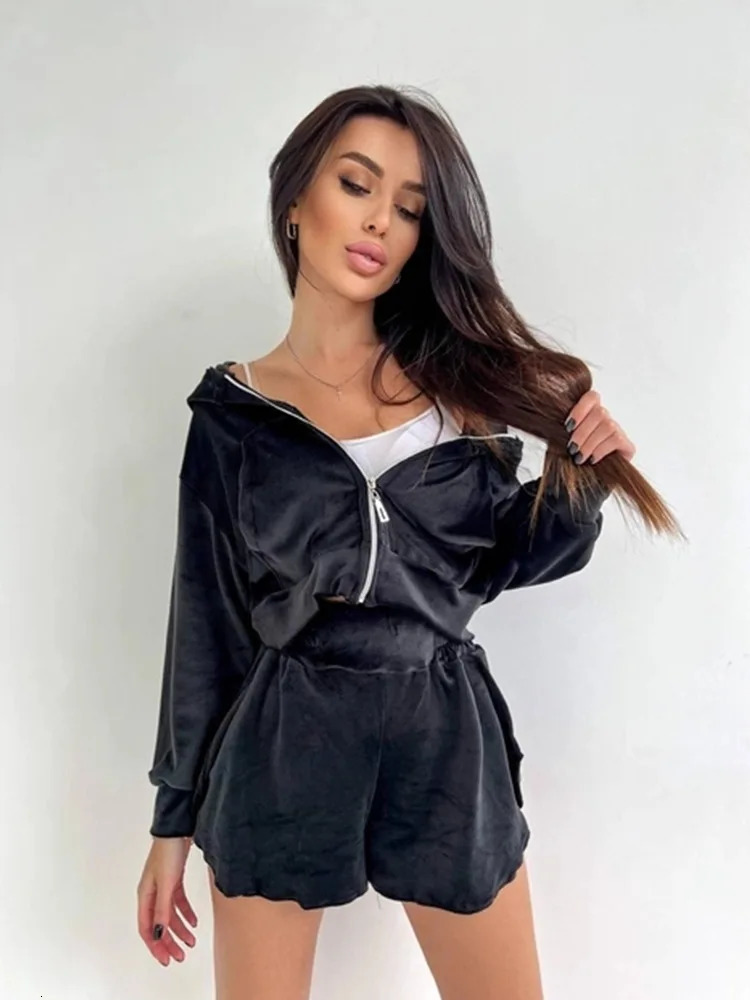 2025 Casual Womens Wear Zipper Cardigan Long Sleeve Drawstring and Shorts Set Hoodie Fashion Split Shorts Two-Piece Set 250709