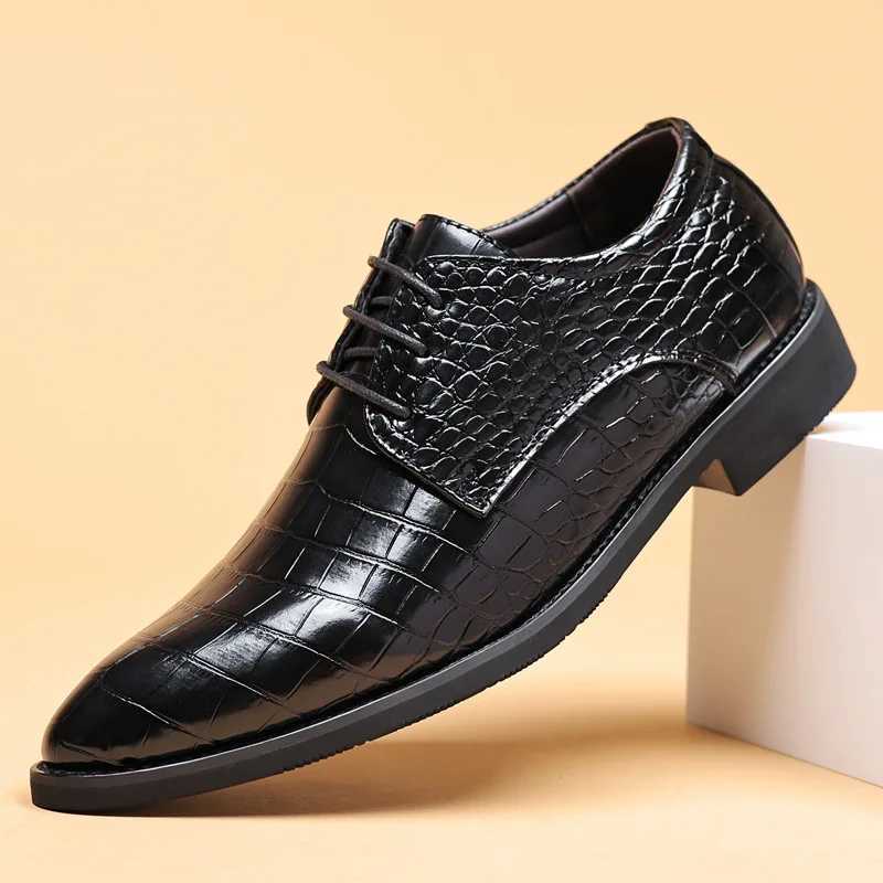 Crocodile Skin Luxury Brand Mens Leather Shoes Lace Pointy Derby Oxford Print Casual Mens Dress Shoes Wedding Party ShoesXJ250710