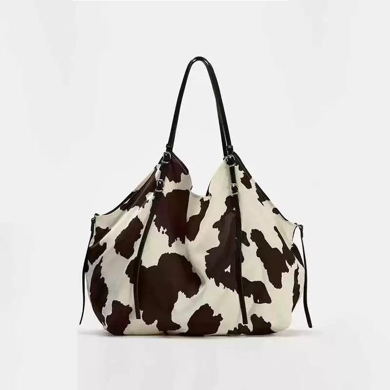 Leopard Print Cow Pattern Silk Satin Shoulder Bag,Versatile Stylish Lazy Tote Bag,Niche Designer Large Capacity Shopping Bag