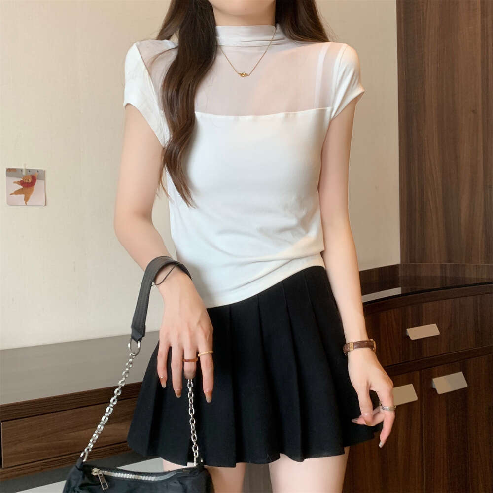 Women's T-Shirt With Unique Design, Summer Half High Neck Slim Fit Mesh Patchwork Base Layer, Sweet And Spicy Sexy Short Sleeve Top B5