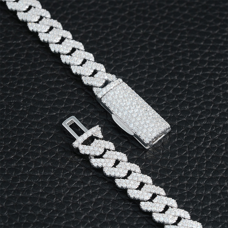 S Sier Dia-Shaped Cuban Chain Necklace 8mm Double Row Full Inlaid Moissanite Trendy Brand Accessory