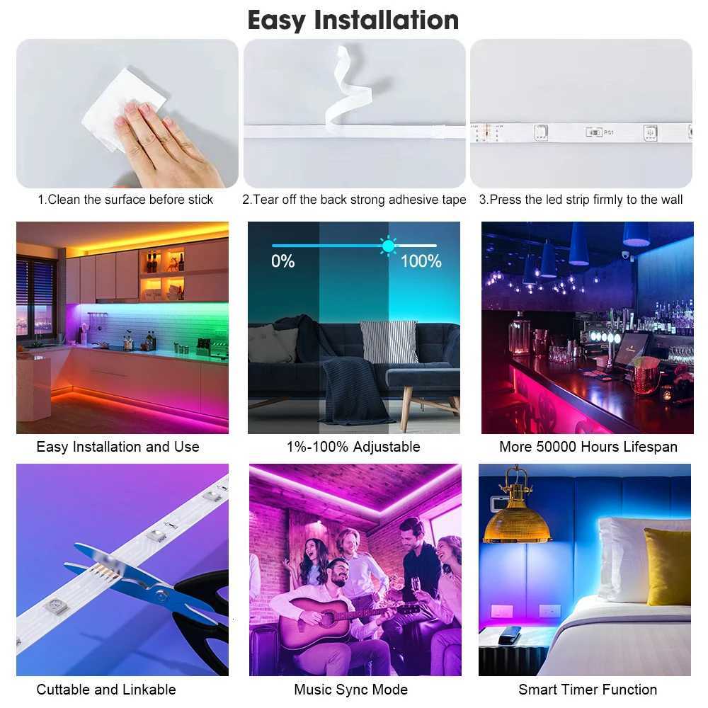 Led Lights for Bedroom 5050 RGB Strip Music Sync Color Changing With Remote and App Control Strips Room Home TV Party DecorationXJ250710