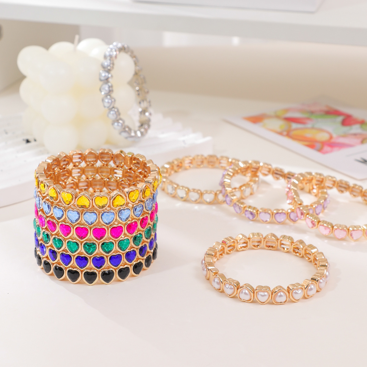 Heart Beads Gold Color Bracelets for Women Colorful Rhinestone Girl Bangle 250303