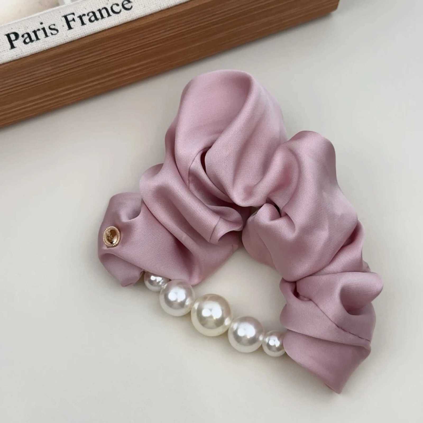 Elegant Lady Shiny Silk Pearl Elastic Hair Band Bracelet Scrunchies Expensive High Quality Solid Color Satin Hair Ties Head Wrap Y250711