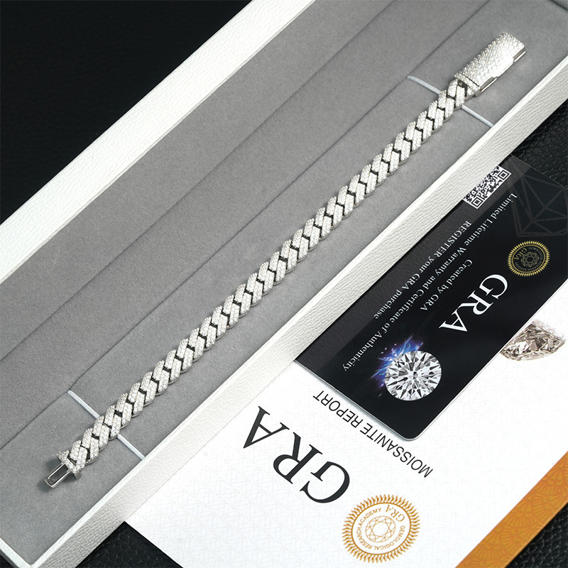 S Sier Dia-Shaped Cuban Chain Necklace 8mm Double Row Full Inlaid Moissanite Trendy Brand Accessory
