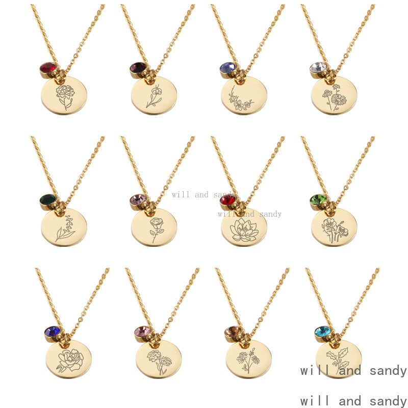 18k Gold Birthday Necklace 12 Months Flower Patter Diamond Cubic Zirconia Birthstone Necklace Penant Gold Chain Woman Girls Birthday Gift Designer Jew
