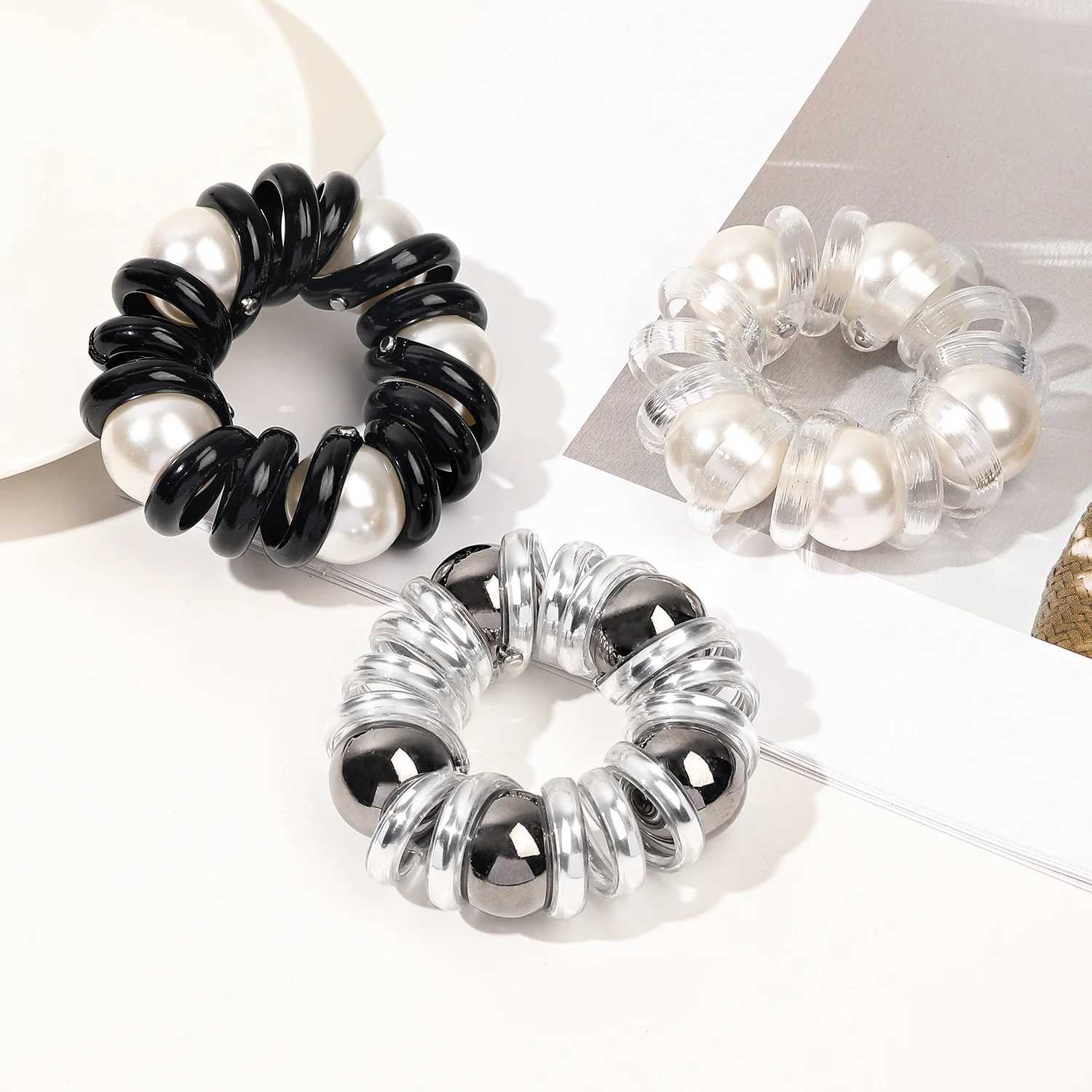 Phone Cord Hair Tie Ring Scrunchies Pearl Beads Clear Telephone Wire Elastic Hair Bands Ponytail Holder Women Hair Accessories Y250711
