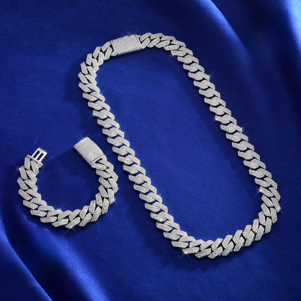 S Sier Moissanite Cuban Chain High-Quality 18mm Three-Row Dia Hip-Hop Necklace