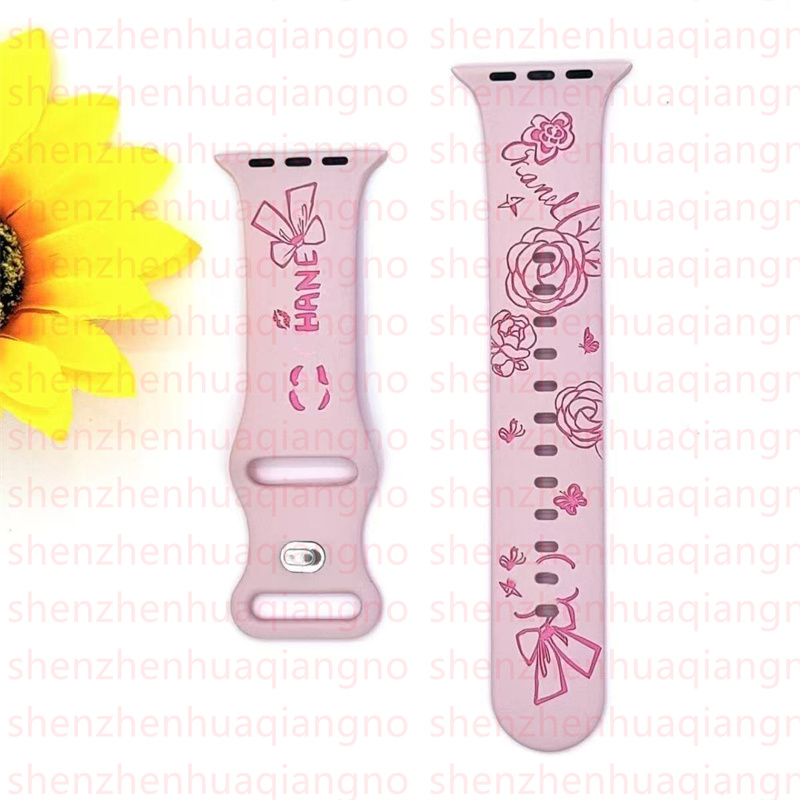 Designer Flower Engraved for Apple iwatch 10 9 8 7 5 6 SE Ultra 2 Series Band 46mm 42 mm 49mm 38mm 40mm 44mm 41mm 45mm Liquid Silicone Watch Strap Wri