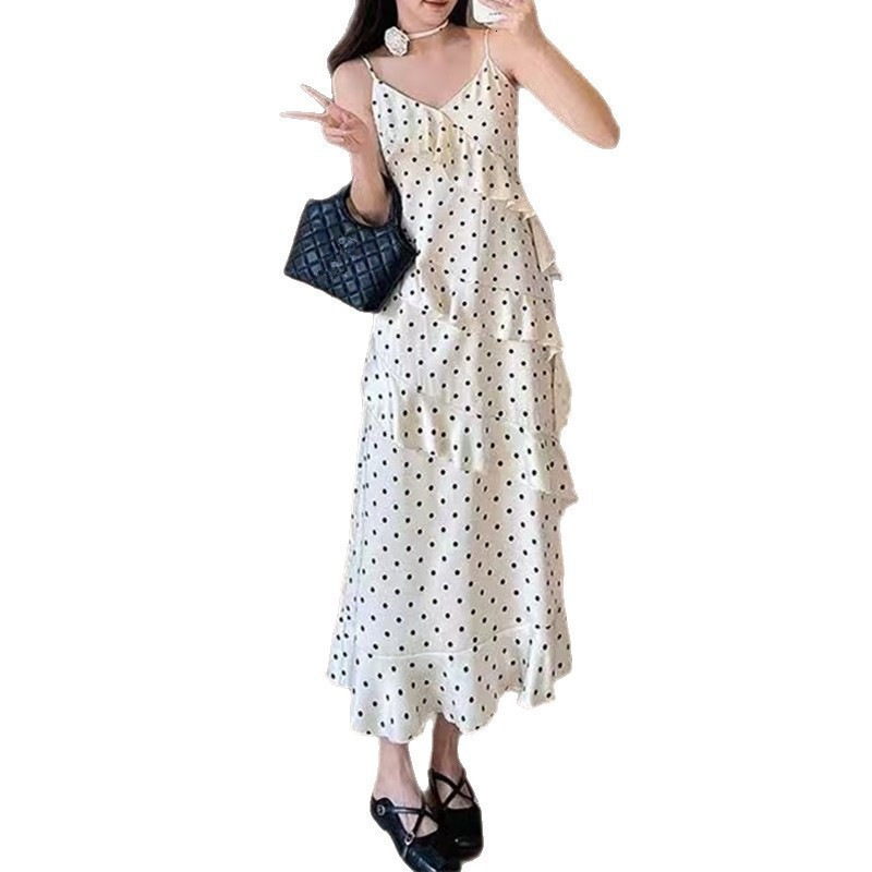 Floral Polka Dot Strap Dress for Women Summer French Style New Waist-Cinching Slimming Pure Desire Style Ruffle Dress 240314
