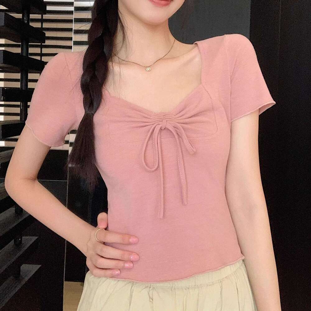 Pink Square Neck Regular Shoulder Sleeve T-Shirt For Women Summer New French Style Slim Fit Tie-Up Petite Short Top B5