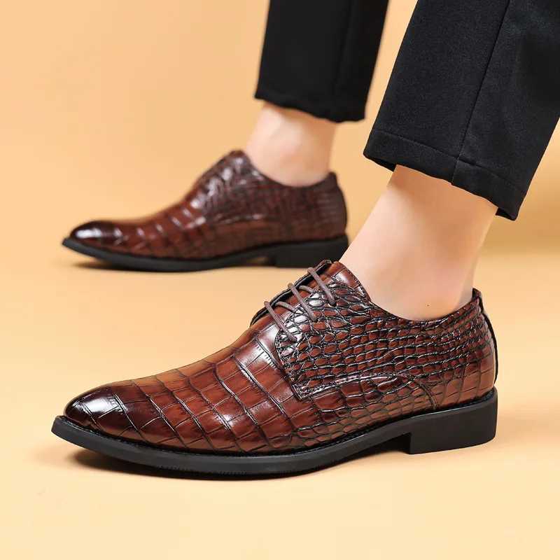 Crocodile Skin Luxury Brand Mens Leather Shoes Lace Pointy Derby Oxford Print Casual Mens Dress Shoes Wedding Party ShoesXJ250710