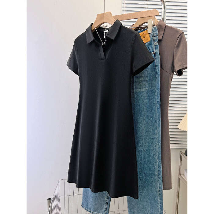 Sweet Spicy Girl Pure Desire Style Short Sleeve For Women Summer Korean Version Versatile Slim Fit Half Open Polo Collar Mid-Length Dress B5