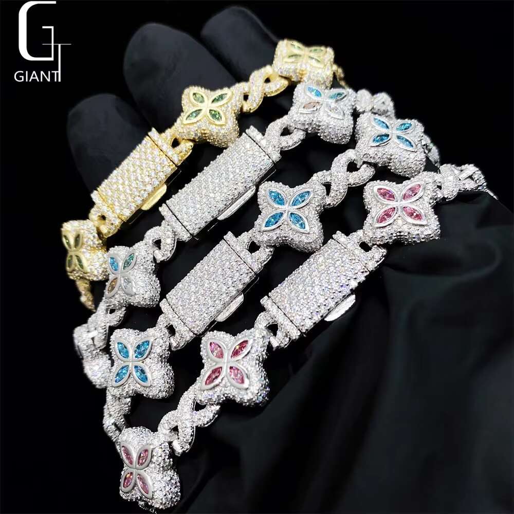 Luxury Colorful Marquise Flower Design 15mm Custom Iced Out Hip Hop Jewelry Cuban Link Chain 925 Silver VVS Moissanite Bracelet