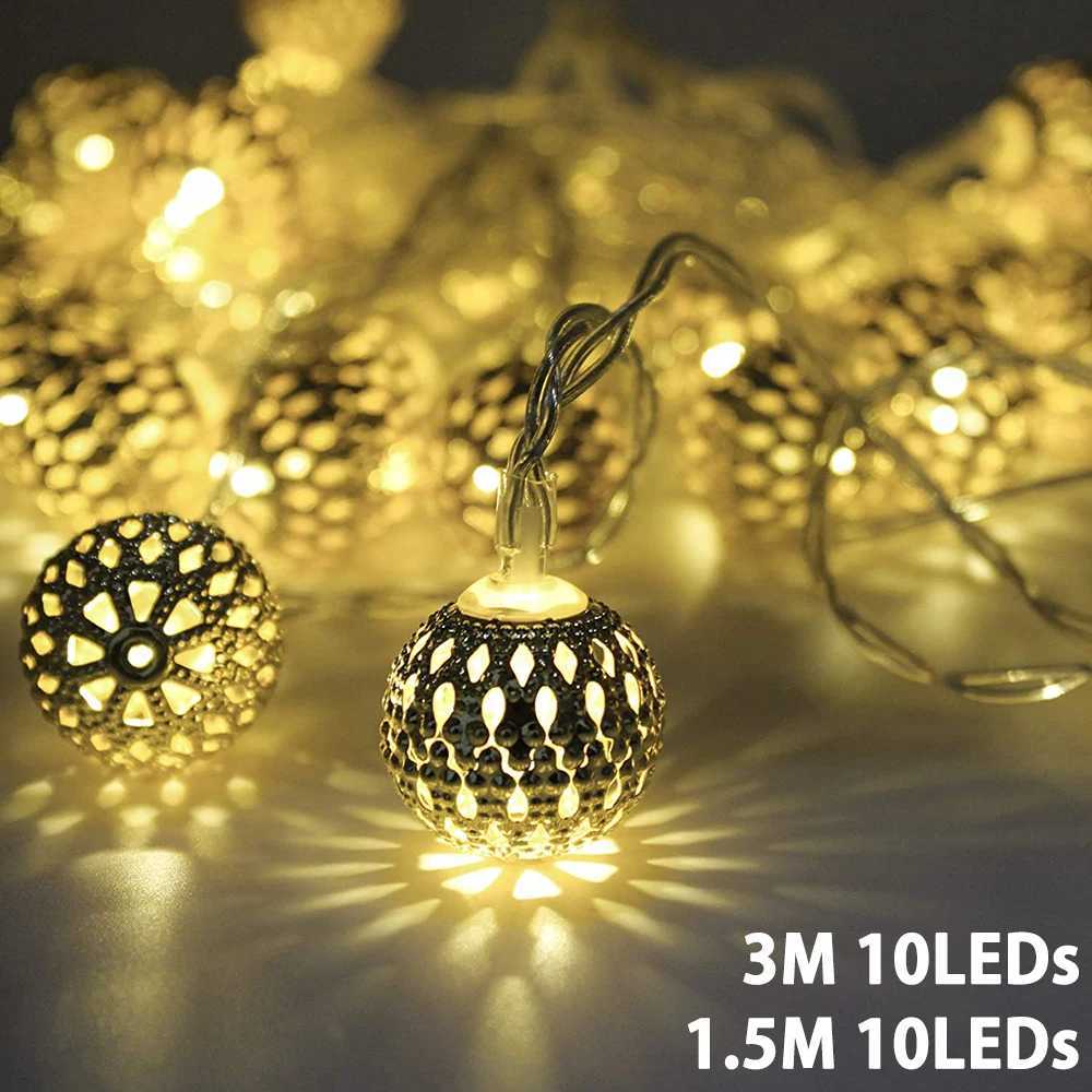 10/20LED Moroccan String Lights Battery Operated Indoor Silver Globe Garland Fairy Lights Holiday Wedding Christmas Party Decor XJ250710