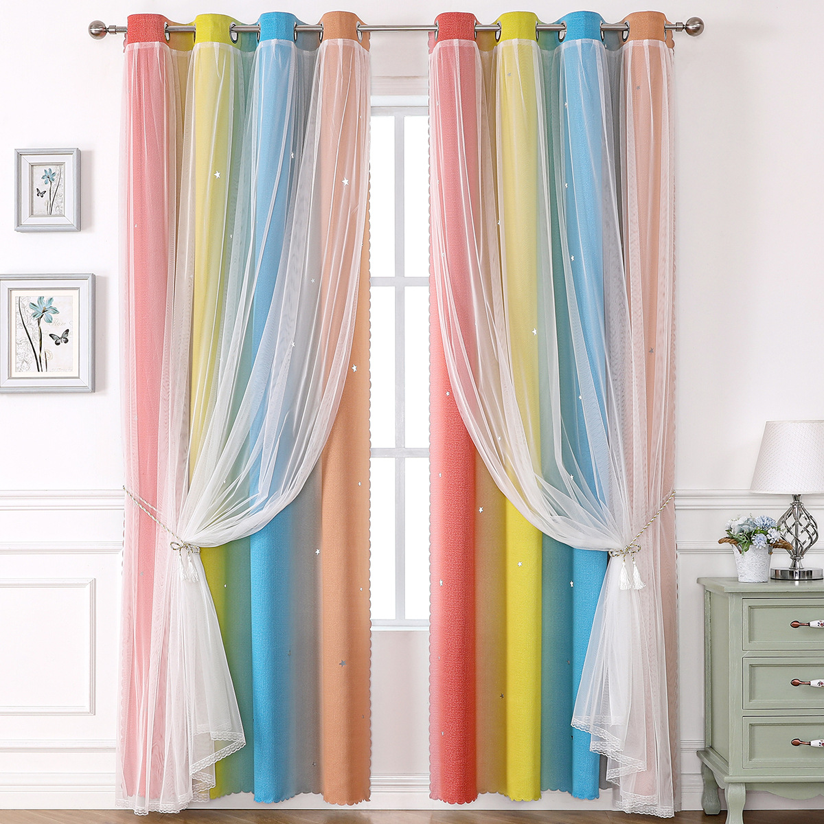 YL-36512 Morandi double curtain rainbow gradient stripes finished cloth yarn integrated blackout curtains