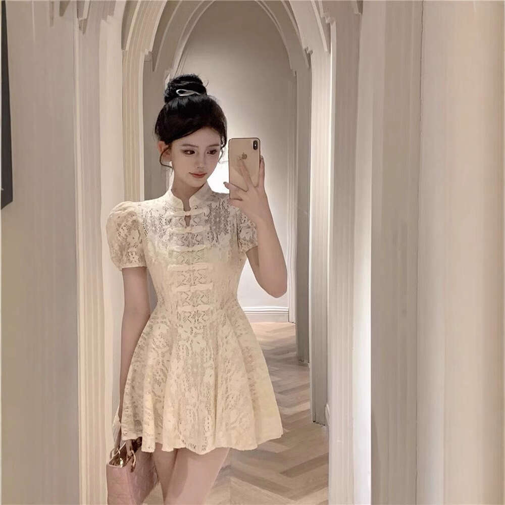 Stand Collar Button Puff Sleeve Lace For Women Summer Sexy Hollow Waist A-Line Base Short Dress B5
