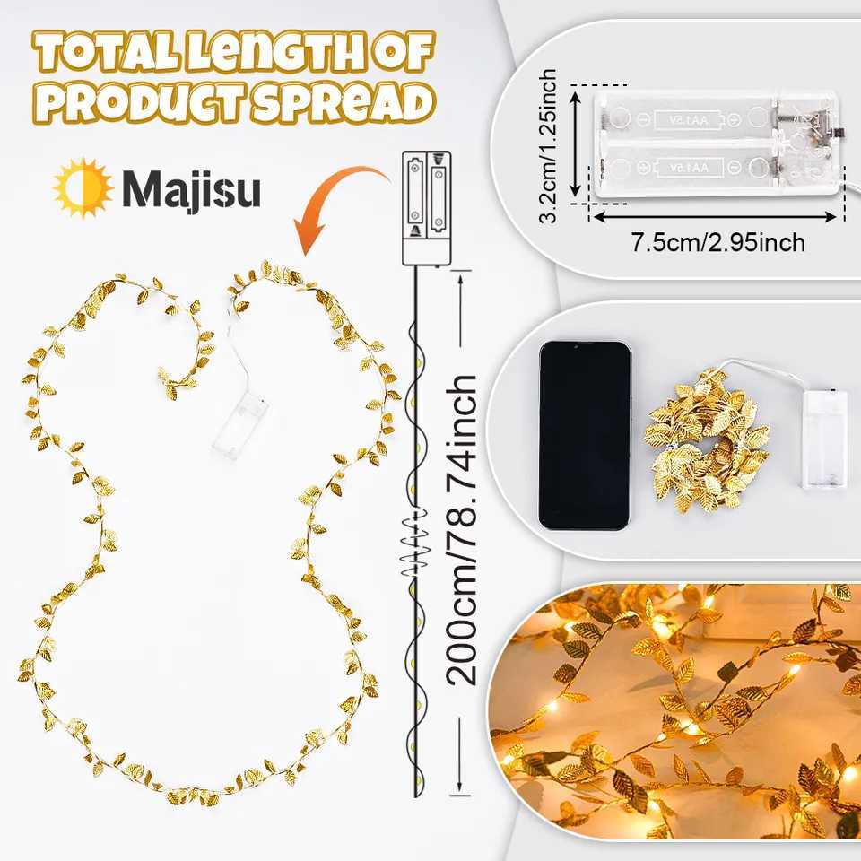 2M 20LED Golden Artificial Leaf String Lights Fairy Lights for Home Bedroom Living Room Patio Steps Theme Party Decoration XJ250710