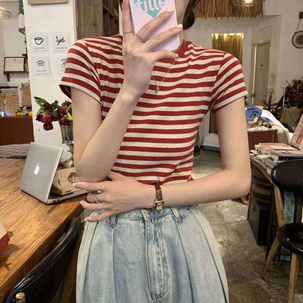 Striped Base Shirt Summer New Design Short Sleeve T-Shirt Women's American Style Student Slim Fit Top B5