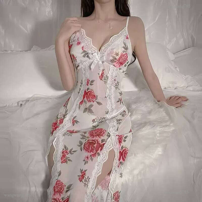 DHessentials Women's new design sexy gerie Sheer deep v lace sleepwear side seam underskirt long stay home gown nightgown