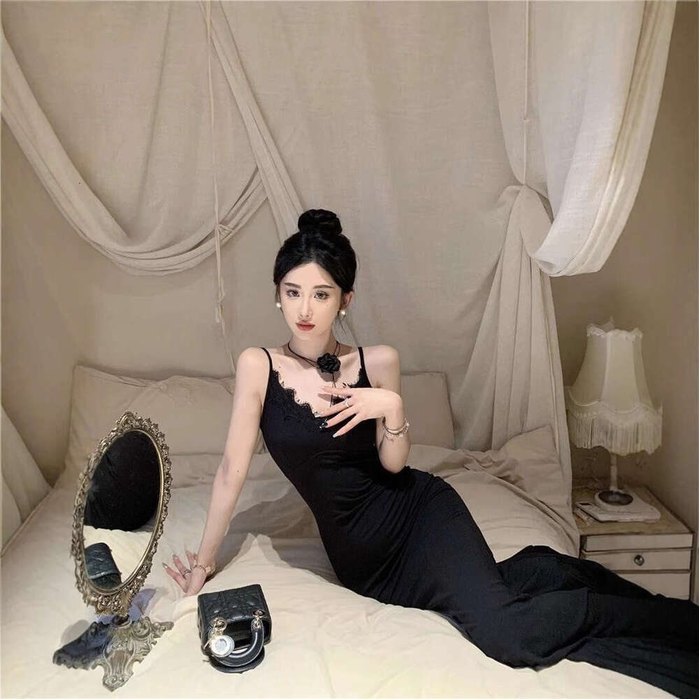 Sexy Black Strap For Women New Summer Goddess Style Elegant Waist-Cinching V-Neck Lace Long Dress B5
