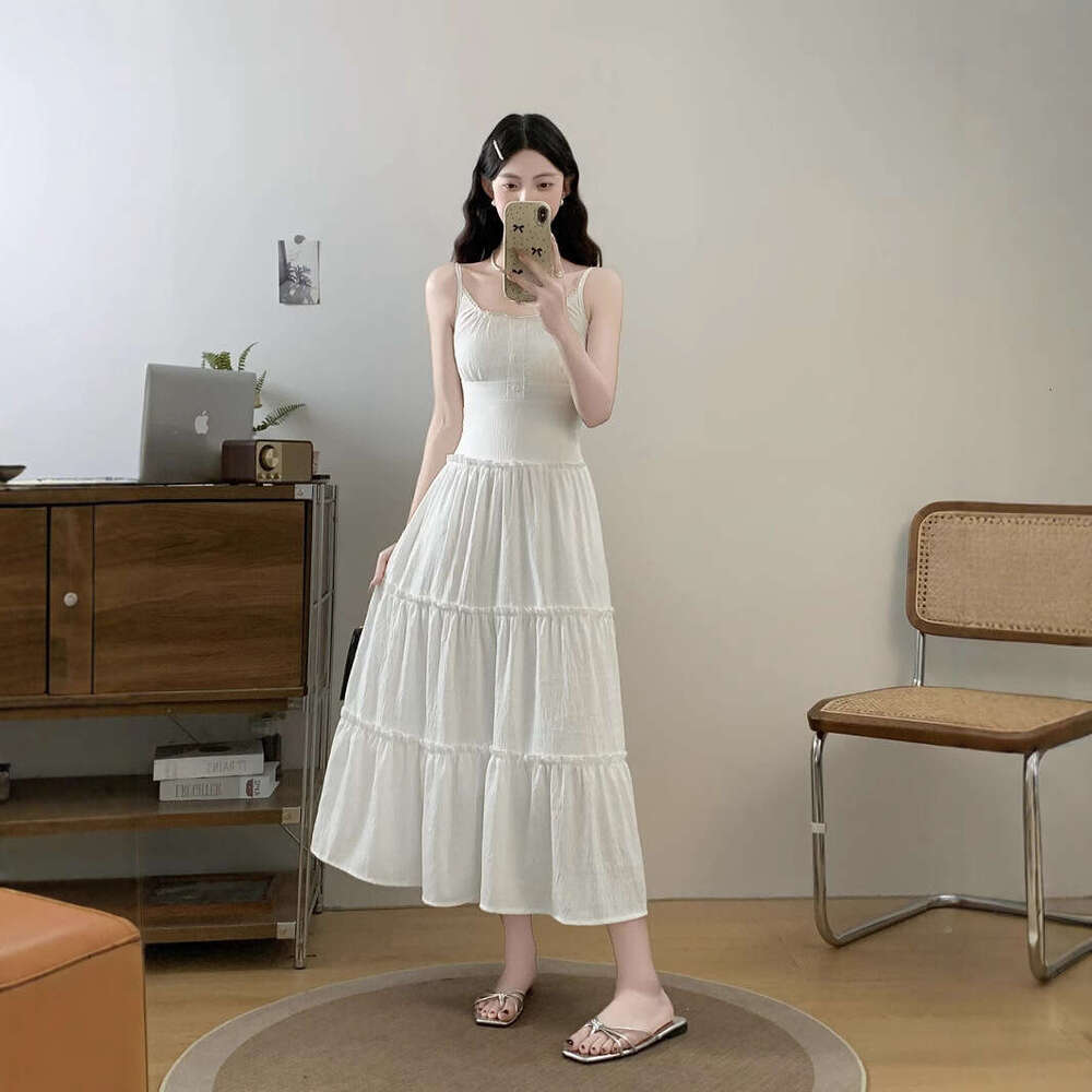 Gentle Style White Strap For Women Summer New High-End Elegant Versatile Waist-Slimming Long Dress B5