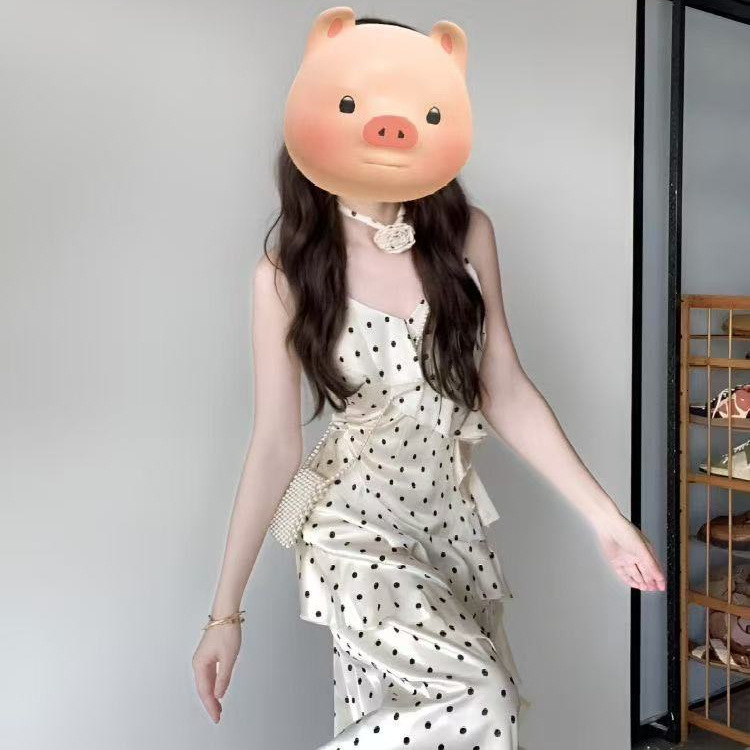 Floral Polka Dot Strap Dress for Women Summer French Style New Waist-Cinching Slimming Pure Desire Style Ruffle Dress 240314