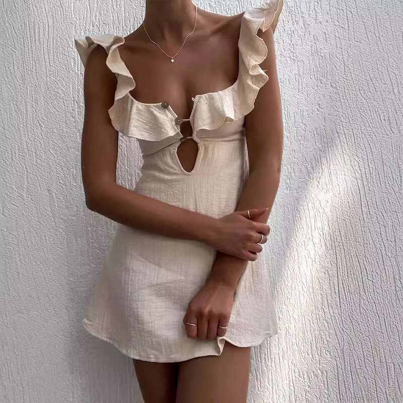 Summer Hollow Out Button Ruffles Short Sexy V Neck Sleeveless Solid Color New Holiday Beach Cotton Linen Mini Dress dongdumaoyi